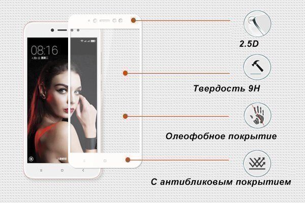 Защитное стекло с рамками 2.5D для Redmi Note 5A Ainy Full Screen Cover 0.33mm (White/Белый) : отзывы и обзоры - 2