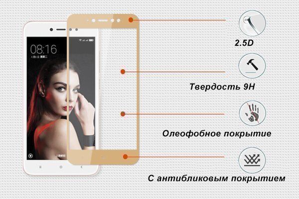 Защитное стекло с рамками 2.5D для Redmi Note 5A Ainy Full Screen Cover 0.33mm (Gold/Золотист : характеристики и инструкции - 2